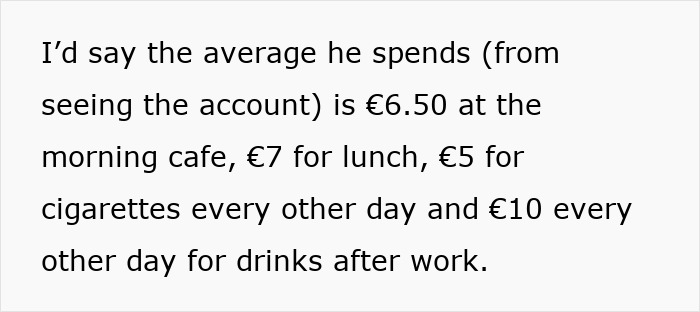 Text image showing a husband's spending on coffee, lunch, cigarettes, and drinks. Text image showing a husband's spending on coffee, lunch, cigarettes, and drinks.