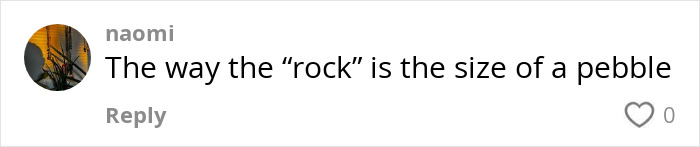 Comment on a proposal at a wedding, mentioning the "rock" being pebble-sized, sparking fury and debate. Comment on a proposal at a wedding, mentioning the "rock" being pebble-sized, sparking fury and debate.