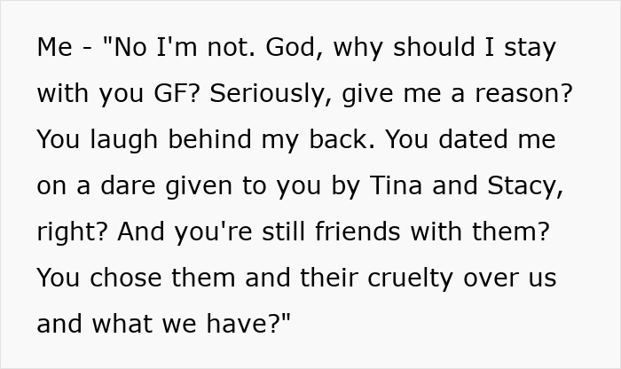 Text screenshot of a boyfriend confronting his girlfriend over a relationship bet by friends. Text screenshot of a boyfriend confronting his girlfriend over a relationship bet by friends.
