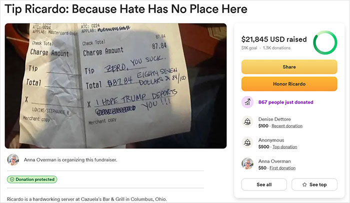 Restaurant bill with message, part of fundraiser, after woman fired for leaving "disgusting" comment. Restaurant bill with message, part of fundraiser, after woman fired for leaving "disgusting" comment.