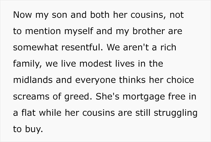 Text describing family resentment due to inheritance, highlighting wealth disparity after a woman's will divides a fortune. Text describing family resentment due to inheritance, highlighting wealth disparity after a woman's will divides a fortune.