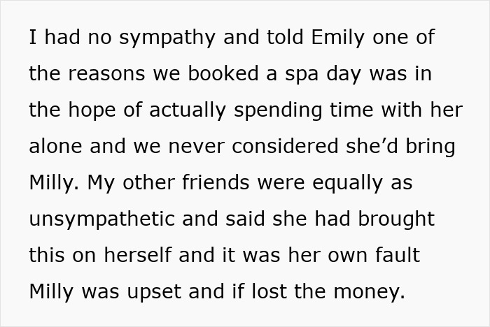Text about exclusion from a friend group due to a child at a spa day. Text about exclusion from a friend group due to a child at a spa day.