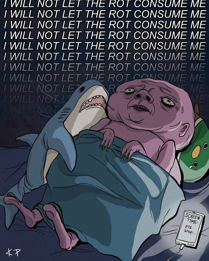 Uncomfortably funny illustration of a creature in bed with a shark plush and repeating text above, holding a phone.