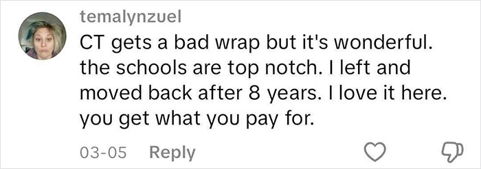 Comment about moving to a blue state, praising Connecticut's schools and living quality. Comment about moving to a blue state, praising Connecticut's schools and living quality.