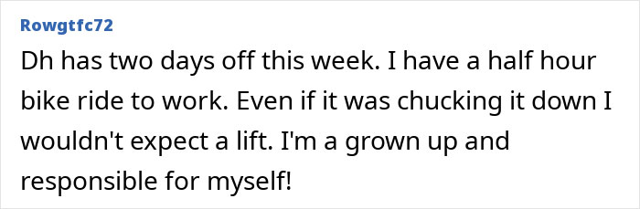 Text about personal responsibility in commuting, discussing independence from being driven to work. Text about personal responsibility in commuting, discussing independence from being driven to work.