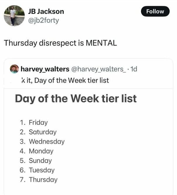 Scottish humor displayed in a tweet ranking Thursday as the worst weekday, labeled "Thursday disrespect."