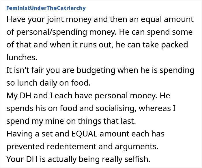 Discussion on budgeting and fairness in spending money on lunch and coffee in a relationship. Discussion on budgeting and fairness in spending money on lunch and coffee in a relationship.