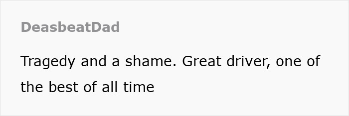Michael Schumacher tribute comment by DeasbeatDad, praising him as a great driver and one of the best of all time. Michael Schumacher tribute comment by DeasbeatDad, praising him as a great driver and one of the best of all time.