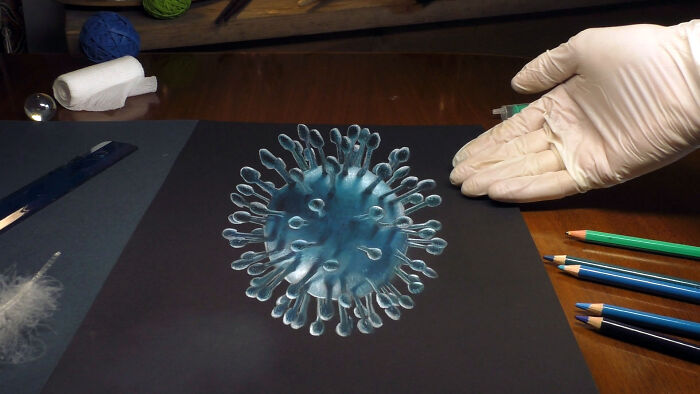 Professional German artist creating a realistic 3D drawing of a virus with colored pencils on a black paper.