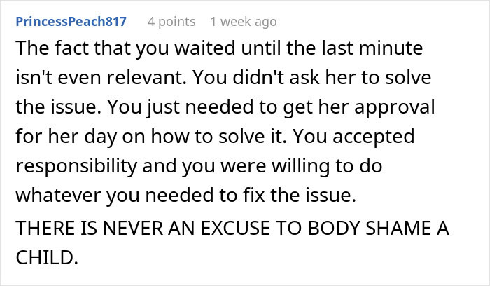 Text comment discussing responsibility and wedding issue resolution, highlighting there's no excuse to body shame a child. Text comment discussing responsibility and wedding issue resolution, highlighting there's no excuse to body shame a child.