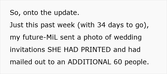 Text about future MiL sending wedding invitations to 60 additional people. Text about future MiL sending wedding invitations to 60 additional people.