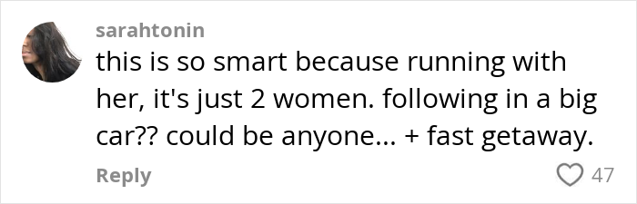 Comment discussing mom following daughter on 5k runs, highlighting safety and companionship benefits. Comment discussing mom following daughter on 5k runs, highlighting safety and companionship benefits.