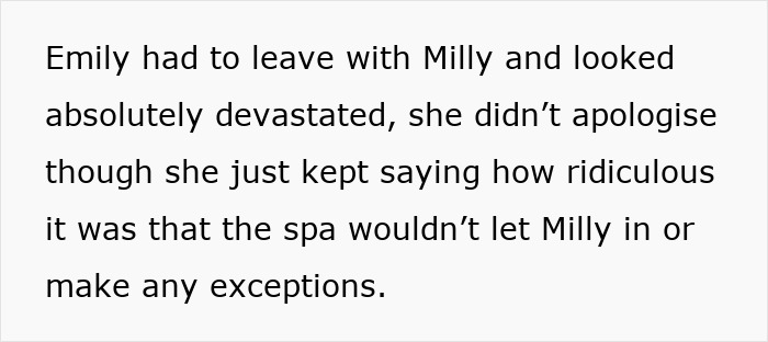 Text about a woman excluded from a friend group after bringing her child to a kid-free spa. Text about a woman excluded from a friend group after bringing her child to a kid-free spa.