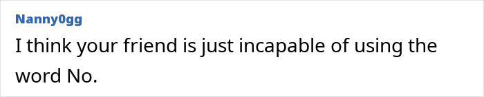 Text comment discussing a friend’s inability to use the word "No" regarding children at a spa day. Text comment discussing a friend’s inability to use the word "No" regarding children at a spa day.