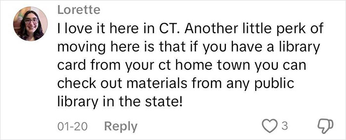 Comment from a mom discussing benefits of moving to a blue state, mentioning library perks in Connecticut. Comment from a mom discussing benefits of moving to a blue state, mentioning library perks in Connecticut.