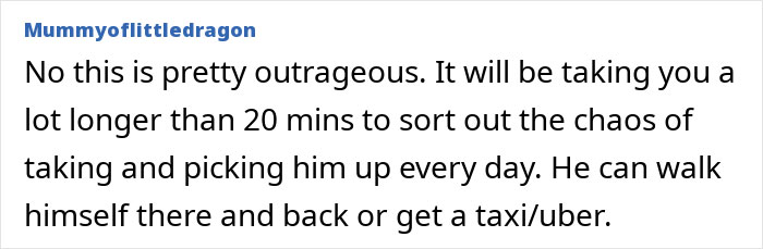 Text screenshot discussing husband's work pick-up demands, suggesting alternatives like walking or using a taxi/uber. Text screenshot discussing husband's work pick-up demands, suggesting alternatives like walking or using a taxi/uber.