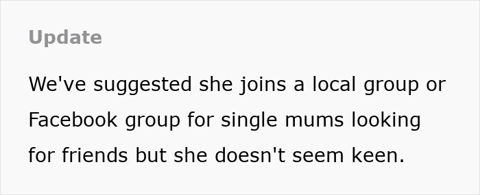 Text update about a suggestion for single mums to join social groups, highlighting childfree friend group dynamics. Text update about a suggestion for single mums to join social groups, highlighting childfree friend group dynamics.