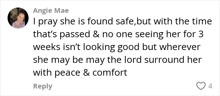 Comment expressing concern for missing 95-year-old woman, hoping she is found safe. Comment expressing concern for missing 95-year-old woman, hoping she is found safe.