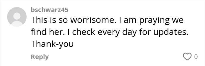 Comment expressing concern about a 95-year-old woman who vanished. Comment expressing concern about a 95-year-old woman who vanished.