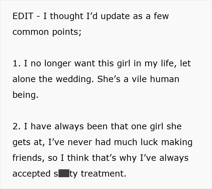 Text update about friendship issues and engagement at a wedding, calling someone a vile human being. Text update about friendship issues and engagement at a wedding, calling someone a vile human being.