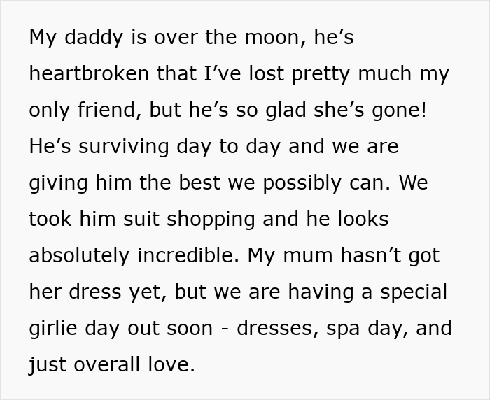 Text discussing a father's emotions and family support after losing a friend, involving wedding preparations. Text discussing a father's emotions and family support after losing a friend, involving wedding preparations.
