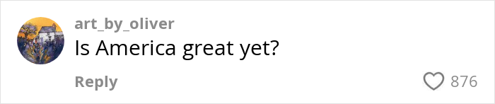 Comment asking "Is America great yet?" with 876 likes. Comment asking "Is America great yet?" with 876 likes.