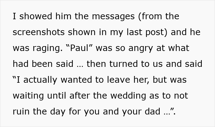 Text message screenshot discussing a wedding and engagement argument, mentioning anger and decision to wait until after wedding. Text message screenshot discussing a wedding and engagement argument, mentioning anger and decision to wait until after wedding.