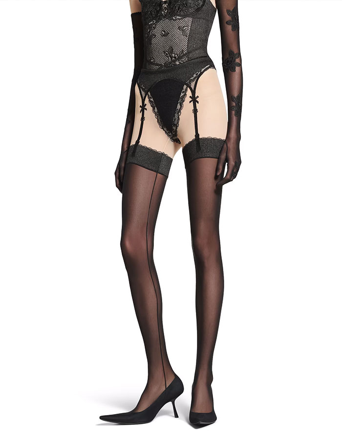 Model wearing black Balenciaga pantaboots, featuring lace detail and high heels. Model wearing black Balenciaga pantaboots, featuring lace detail and high heels.