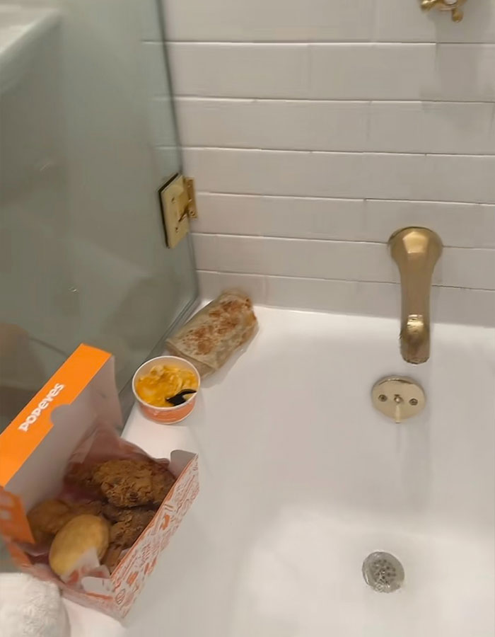 Bathroom scene with shower containing fast food, reflecting Benny Blanco's unusual shower habits. Bathroom scene with shower containing fast food, reflecting Benny Blanco's unusual shower habits.