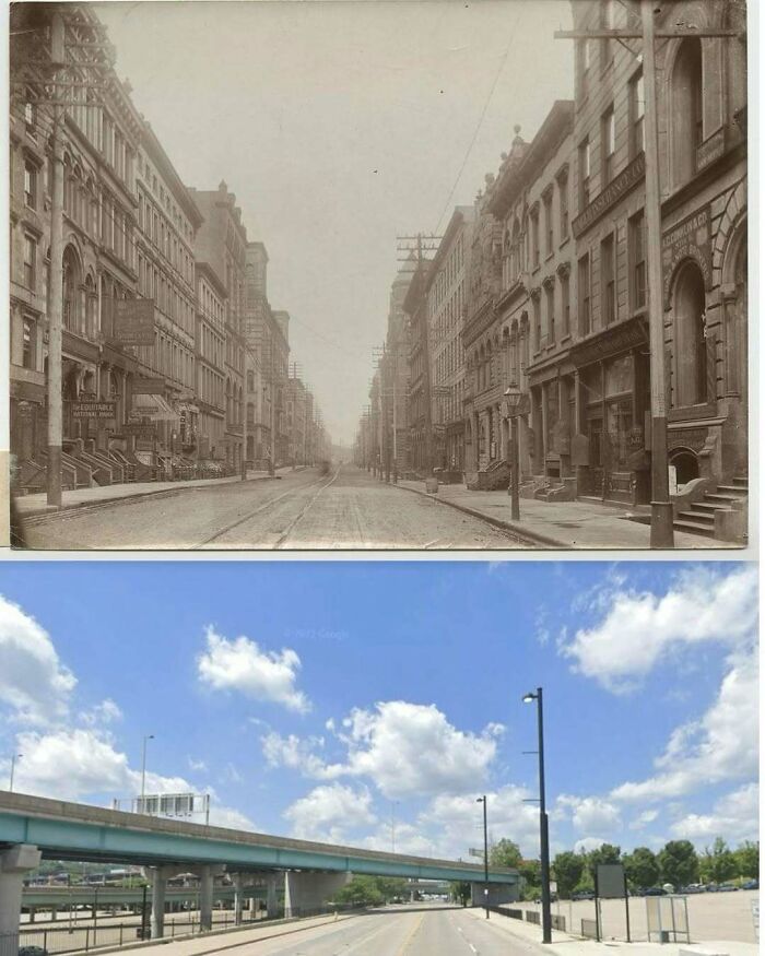 Historic American architecture street view contrasted with modern empty road beneath a blue sky.