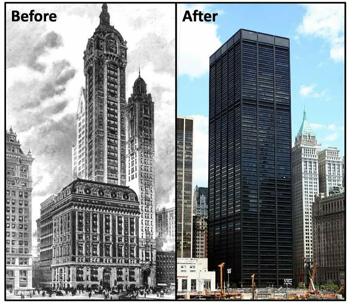 Old American architecture transformation shown in a before-and-after image of urban skyscrapers.