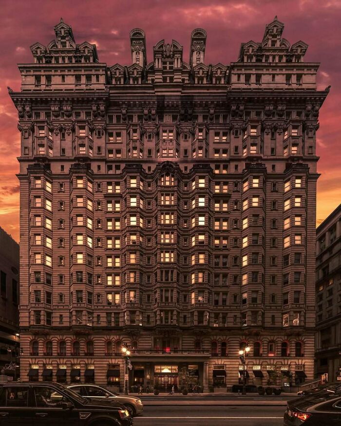 Historic American architecture building with ornate facade at sunset.