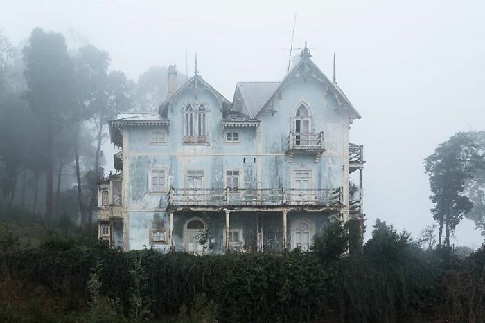 Abandoned house in foggy landscape, surrounded by overgrown greenery, showcasing time's beauty.