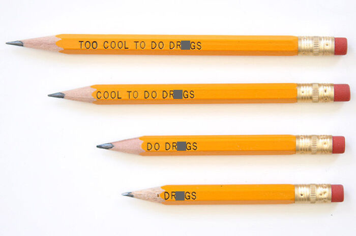 Pencils with text becoming a disastrous design urging "to do d***s" as they're sharpened.