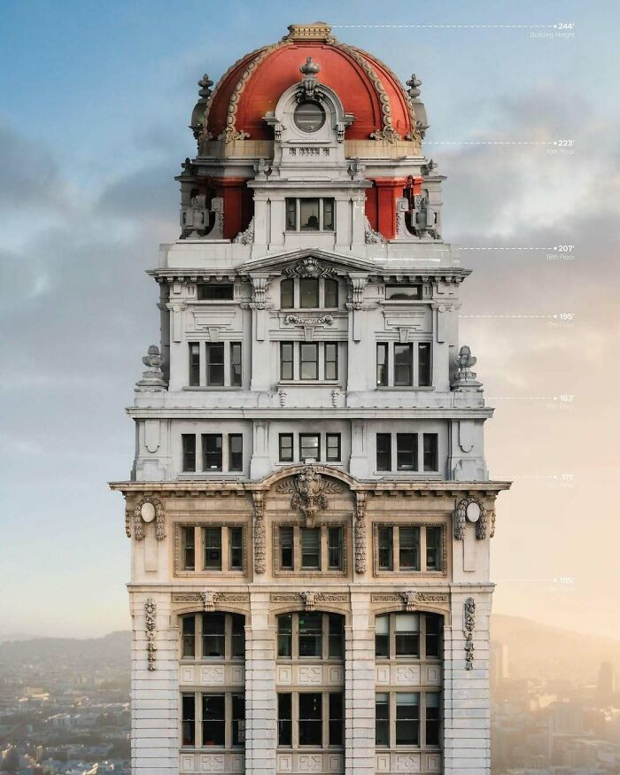 Historic American architecture featuring an ornate building with a red dome against a soft sky.