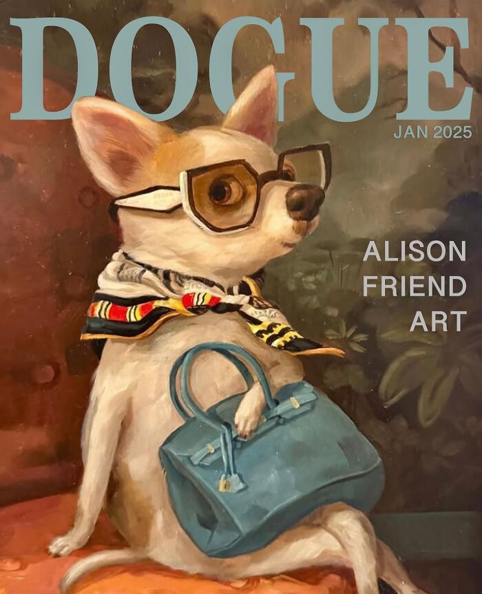 Chihuahua in glasses with a scarf and handbag featured in Dogue, the fashion magazine for dogs.