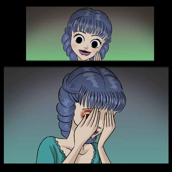 Comic panel showing a character with large eyes smiling, then covering their eyes, from DarkBox Comics stories. Comic panel showing a character with large eyes smiling, then covering their eyes, from DarkBox Comics stories.