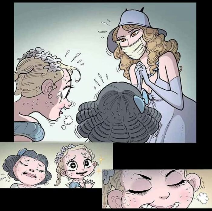 Mysterious woman in a hat and mask confronting anxious children from a DarkBox Comics story. Mysterious woman in a hat and mask confronting anxious children from a DarkBox Comics story.