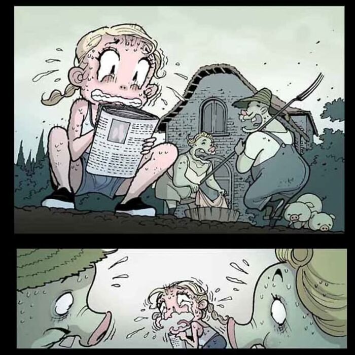 Comic scene from DarkBox: a shocked person reads a newspaper, surrounded by surreal pig-like farmers in a farm setting. Comic scene from DarkBox: a shocked person reads a newspaper, surrounded by surreal pig-like farmers in a farm setting.