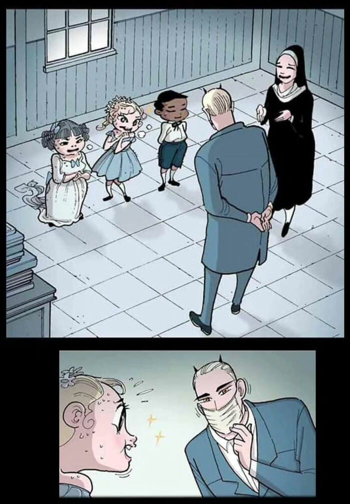 Children in a room with a nun and masked figure, capturing a chilling DarkBox Comics scene. Children in a room with a nun and masked figure, capturing a chilling DarkBox Comics scene.