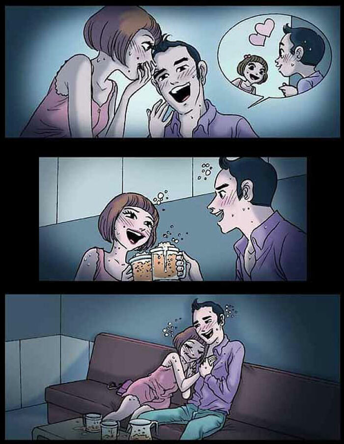 Couple laughing and sharing drinks on a couch. DarkBox Comics storytelling through silent visuals. Couple laughing and sharing drinks on a couch. DarkBox Comics storytelling through silent visuals.