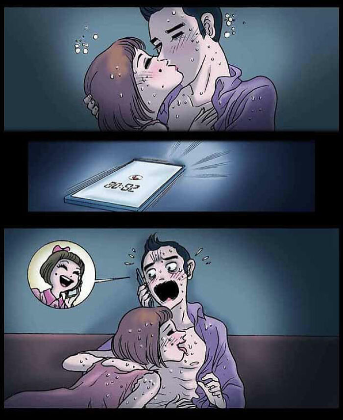 Couple kissing in suspenseful DarkBox Comics scene, interrupted by an unexpected phone call. Couple kissing in suspenseful DarkBox Comics scene, interrupted by an unexpected phone call.