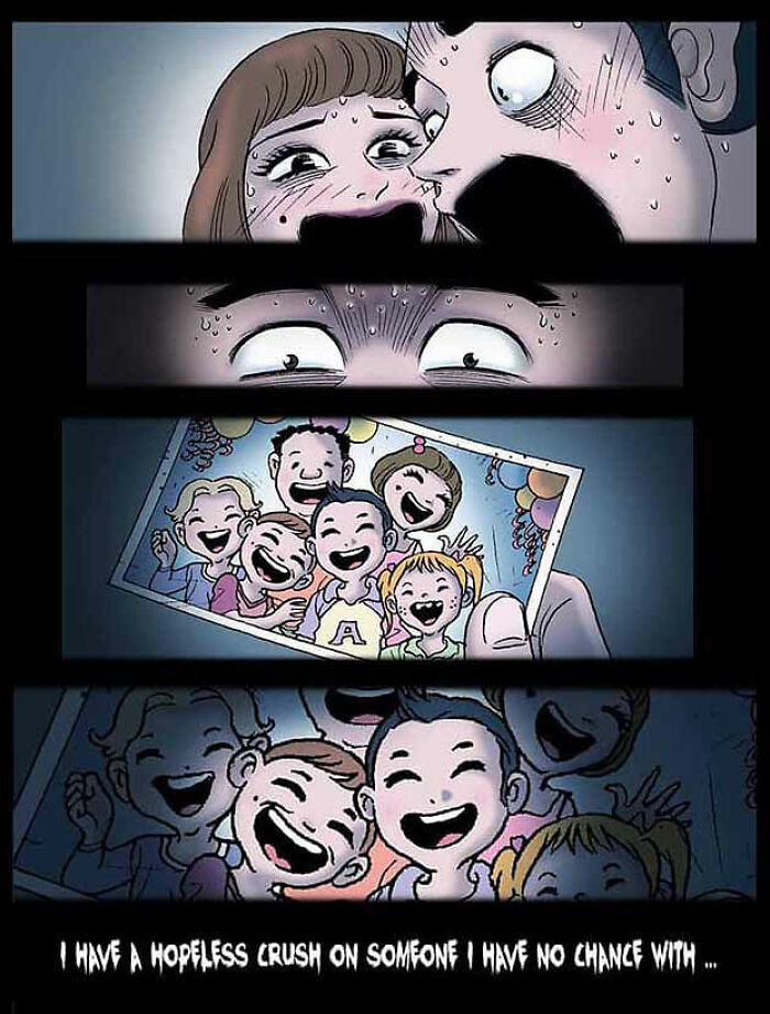 Comic panels from DarkBox Comics depicting a chilling story, showing anxious faces and a group photo. Comic panels from DarkBox Comics depicting a chilling story, showing anxious faces and a group photo.