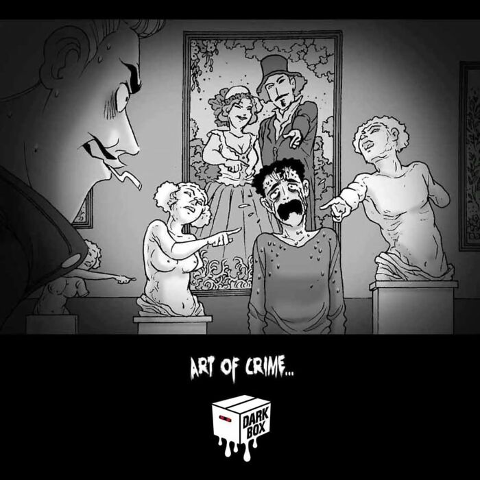 A distraught man surrounded by haunting statues in a DarkBox Comics illustration. A distraught man surrounded by haunting statues in a DarkBox Comics illustration.