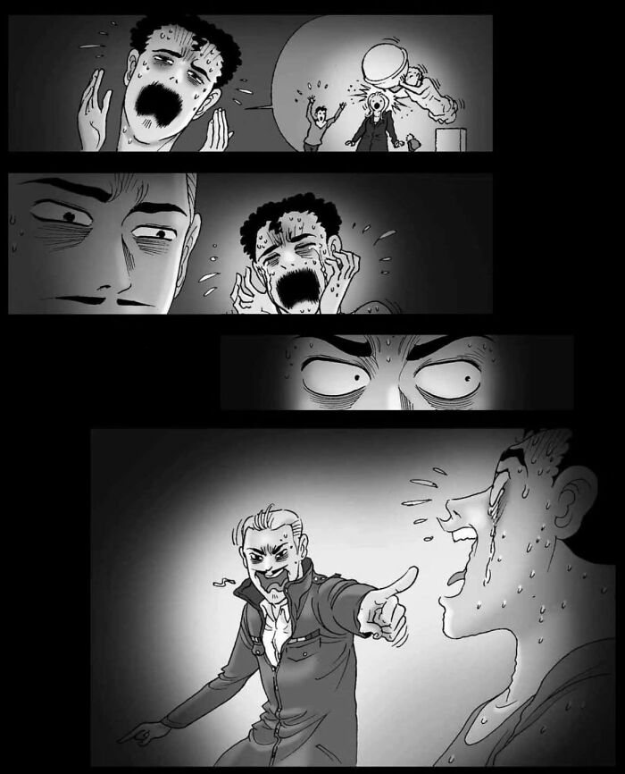 A scared character sweating as another angrily points at them in a DarkBox Comics scene. A scared character sweating as another angrily points at them in a DarkBox Comics scene.