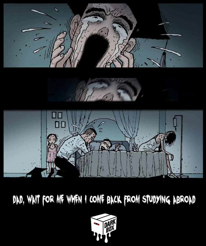 Crying man in DarkBox Comics scene, depicting emotional farewell in a chilling story without words. Crying man in DarkBox Comics scene, depicting emotional farewell in a chilling story without words.
