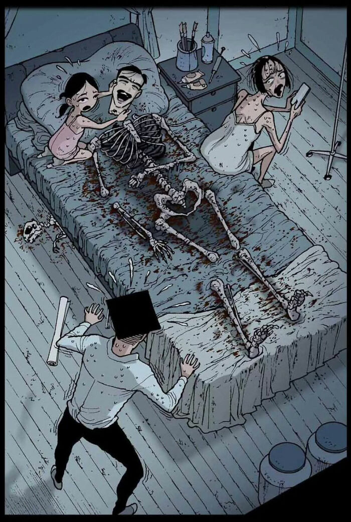 DarkBox Comics illustration of skeletons in a haunting bedroom scene. DarkBox Comics illustration of skeletons in a haunting bedroom scene.