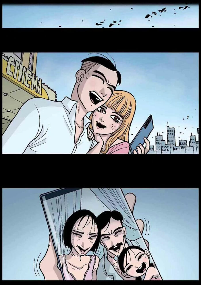 Couple taking a selfie in front of cinema, revealing a ghostly family on phone screen. Chilling DarkBox Comics story. Couple taking a selfie in front of cinema, revealing a ghostly family on phone screen. Chilling DarkBox Comics story.