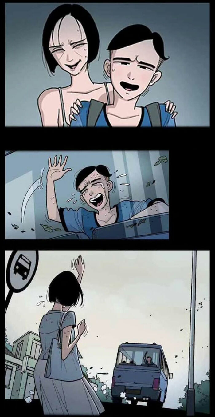 Comic scene of a smiling boy with a woman, then crying by a bus, from DarkBox Comics' chilling stories. Comic scene of a smiling boy with a woman, then crying by a bus, from DarkBox Comics' chilling stories.