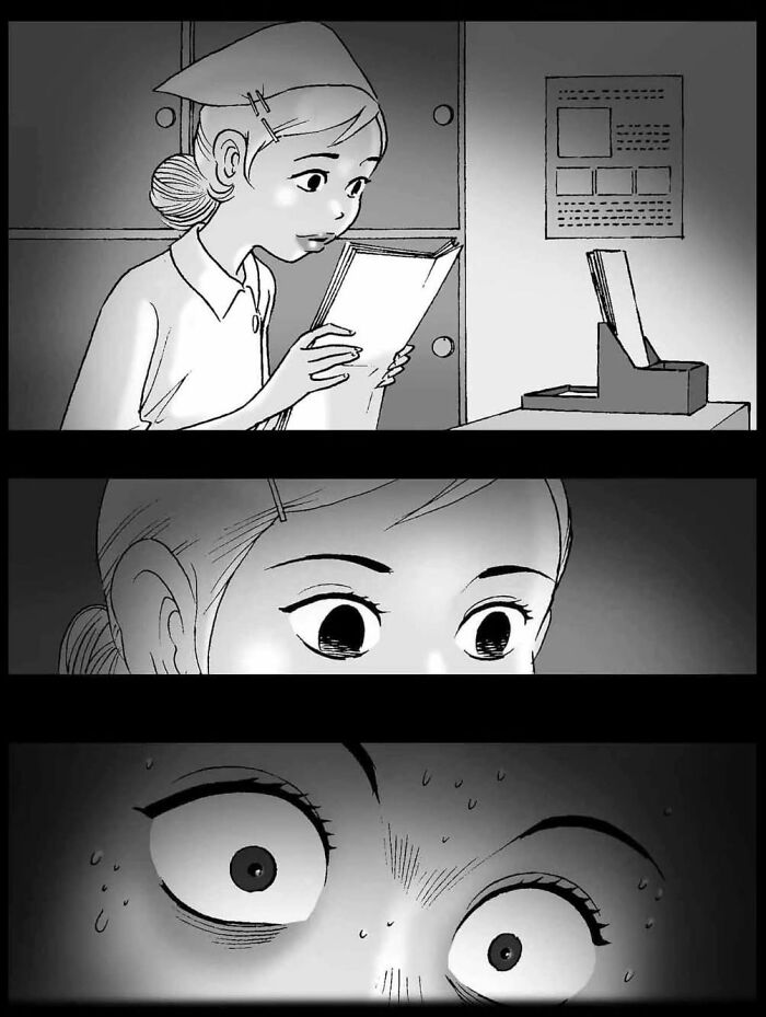 Young girl reading a comic, her expression turns from curiosity to shock. Chilling DarkBox Comics moment. Young girl reading a comic, her expression turns from curiosity to shock. Chilling DarkBox Comics moment.